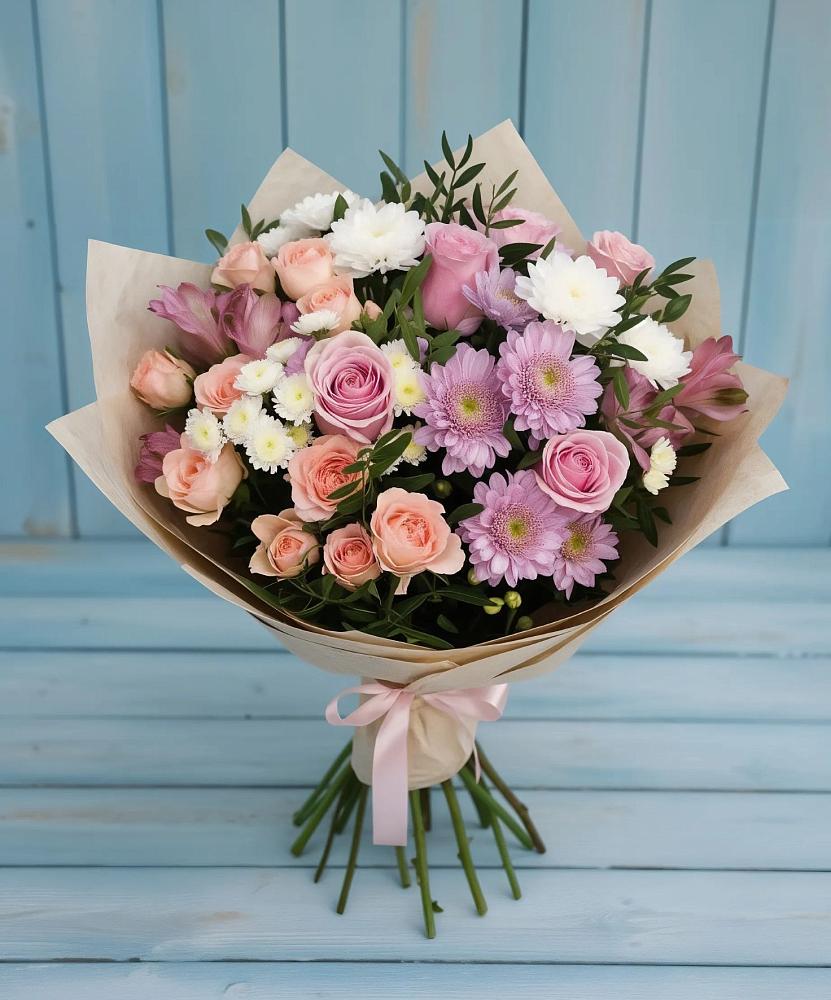 Букет цветов из: Хризантемы, Розы и Альстромерии в Атажукино