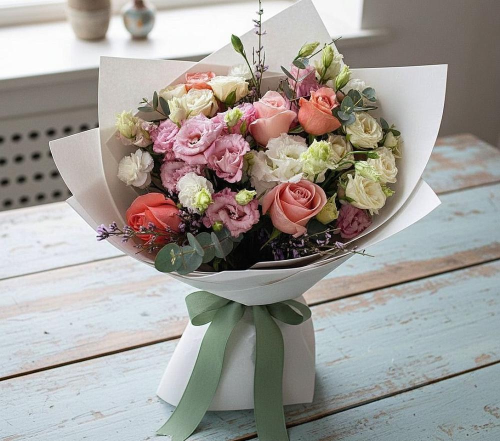 Букет цветов из: Розы, Лизиантусы и Гвоздики в Атажукино