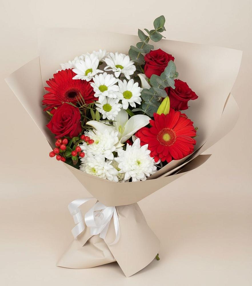 Букет цветов из: Розы, Хризантемы, Герберы и Лилии в Атажукино